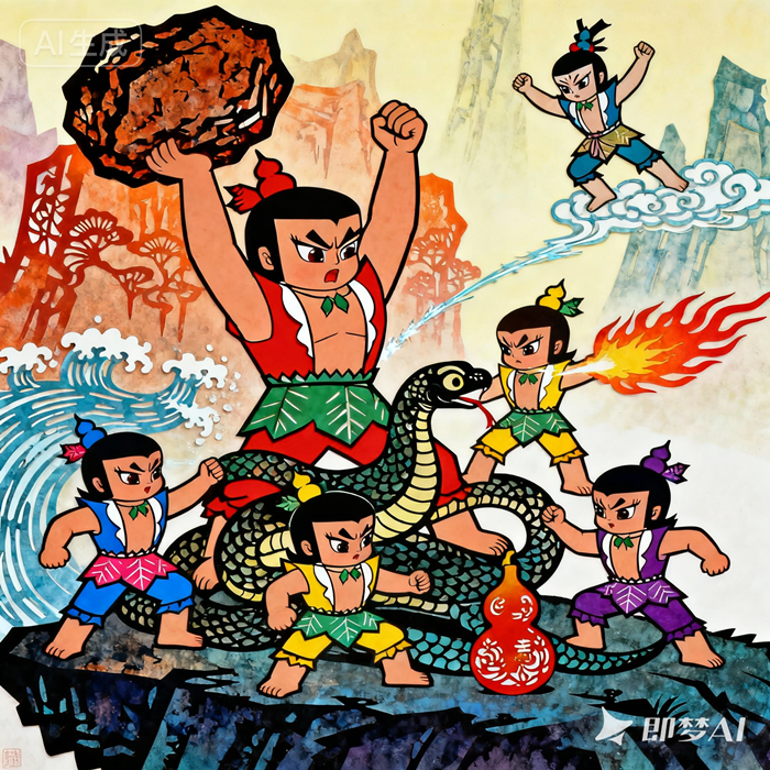 jimeng-2025-10-28-2464-《葫芦兄弟》经典剪纸动画风格，七兄弟合体对抗蛇精，大娃力举巨石，二娃顺风耳探查，..._副本.png