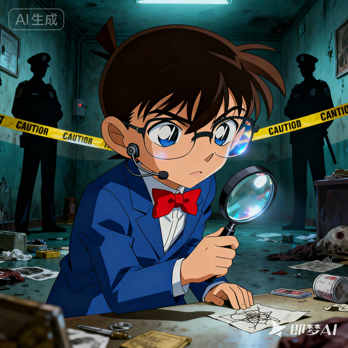 jimeng-2025-10-28-9571-名侦探柯南，经典动画风格，柯南在案发现场用放大镜观察线索，蓝色西装校服配红色领结..._副本.png