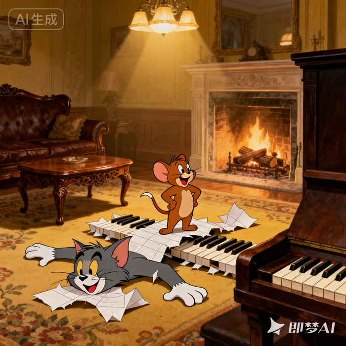 jimeng-2025-10-28-3878-《猫和老鼠》经典动画风格，汤姆被钢琴砸扁成纸片状态，杰瑞站在琴键上大笑，背景是1..._副本.png