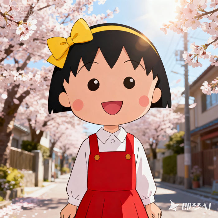 jimeng-2025-10-28-5069-樱桃小丸子，经典动画风格，小丸子穿着红色背带裙和白色衬衫，黑色短发带黄色蝴蝶结，..._副本.png